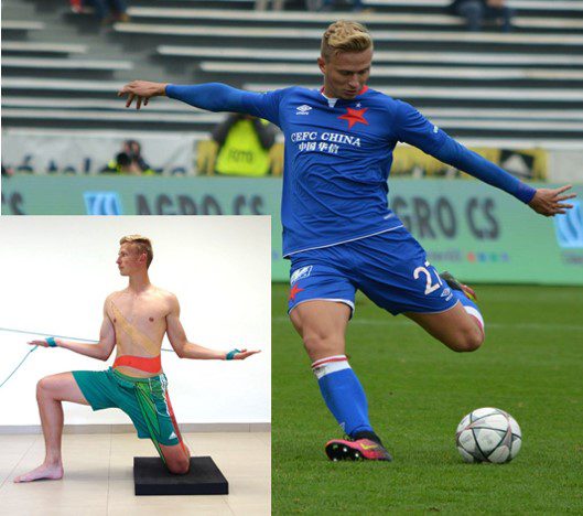 Fotbollsspelare som skjuter en boll och infälld bild på samma person gör sps-övning