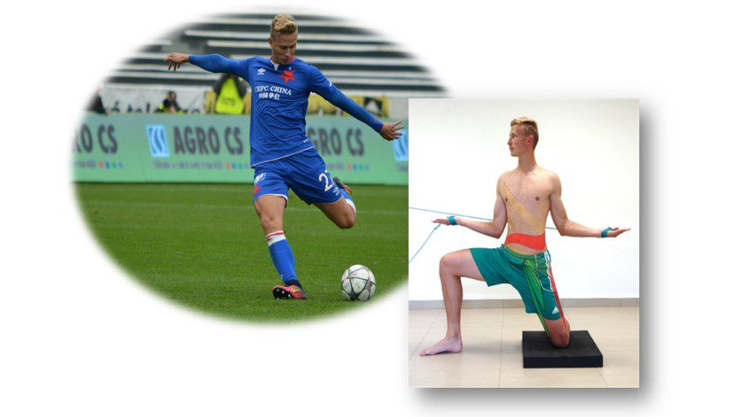 Fotbollsspelare som skjuter ett skott och som i en inflikad bild gör sps-övning